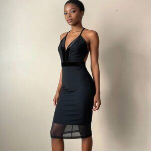 PRIVY | Black Bodycon Velour/Mesh Detail Cocktail Dress Sz L